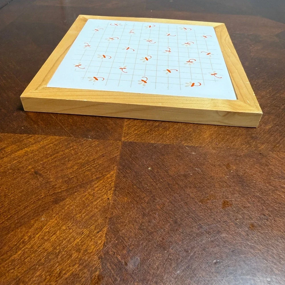 vtg 70's Ceramic Tile Trivet Wood Framed Orange Floral Grid Retro Wall Decor